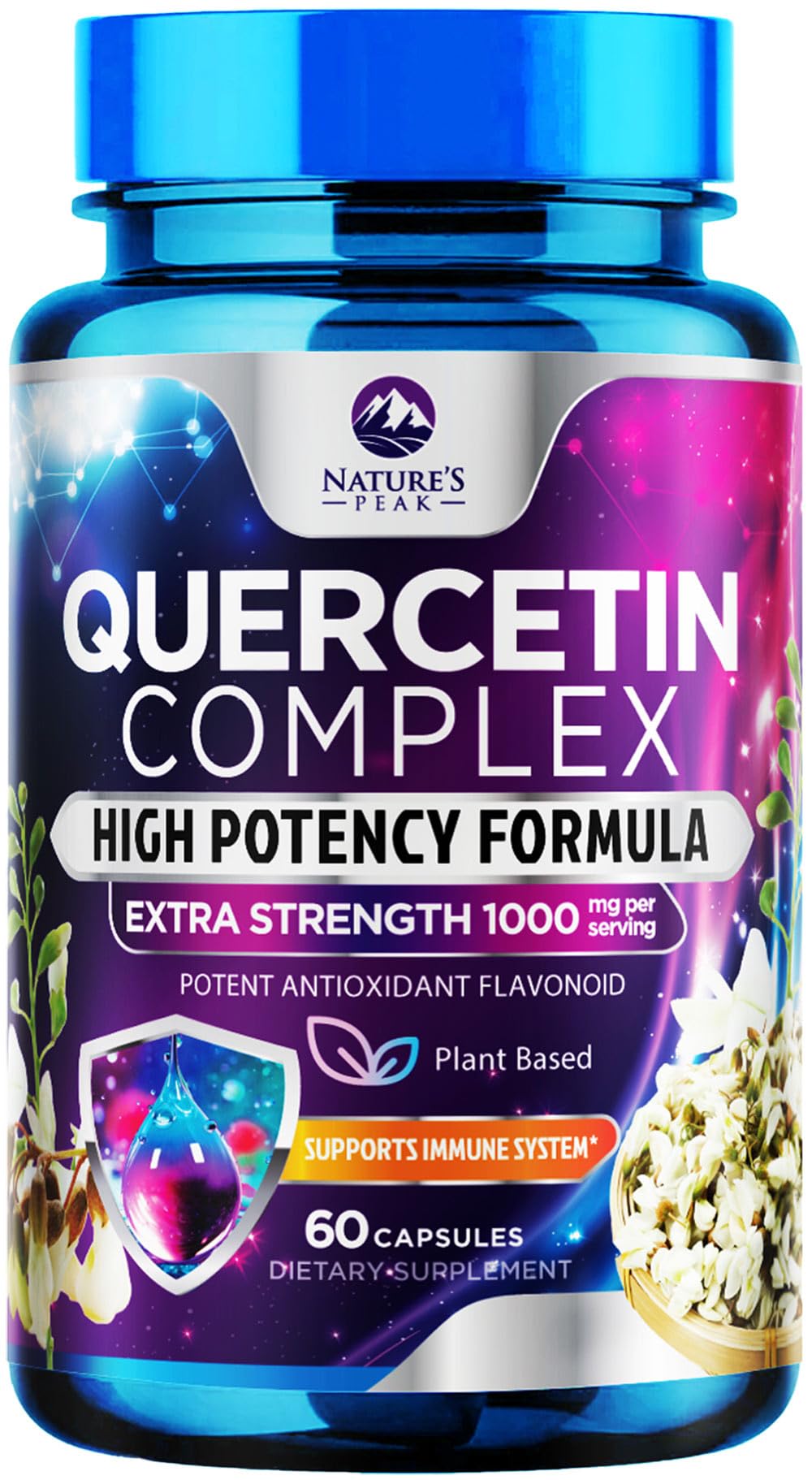 Bottle of Quercetin 1000mg vegan capsules on a white background