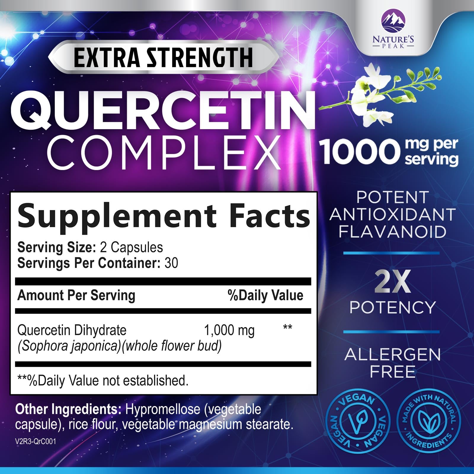 Close-up of Quercetin 1000mg bottle label