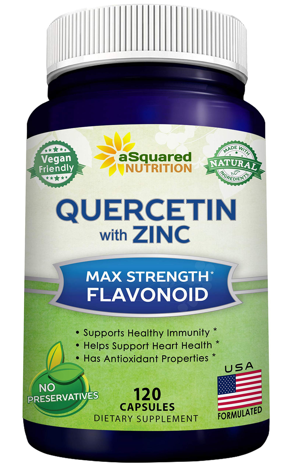 aSquared Quercetin 1000mg with Zinc bottle label