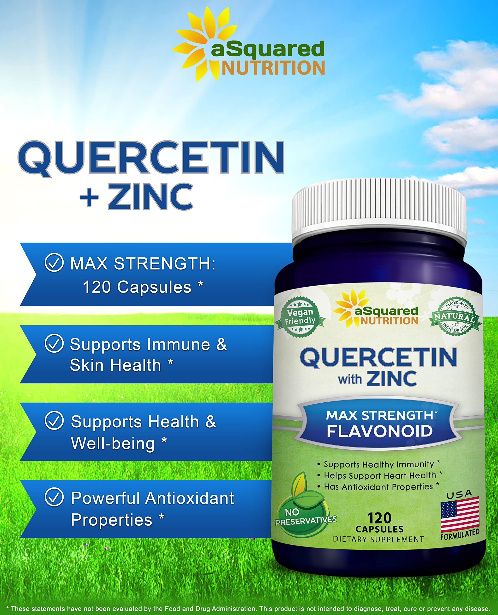 Two capsules per serving showing 1000mg Quercetin 200mg Black Elderberry 30mg Zinc