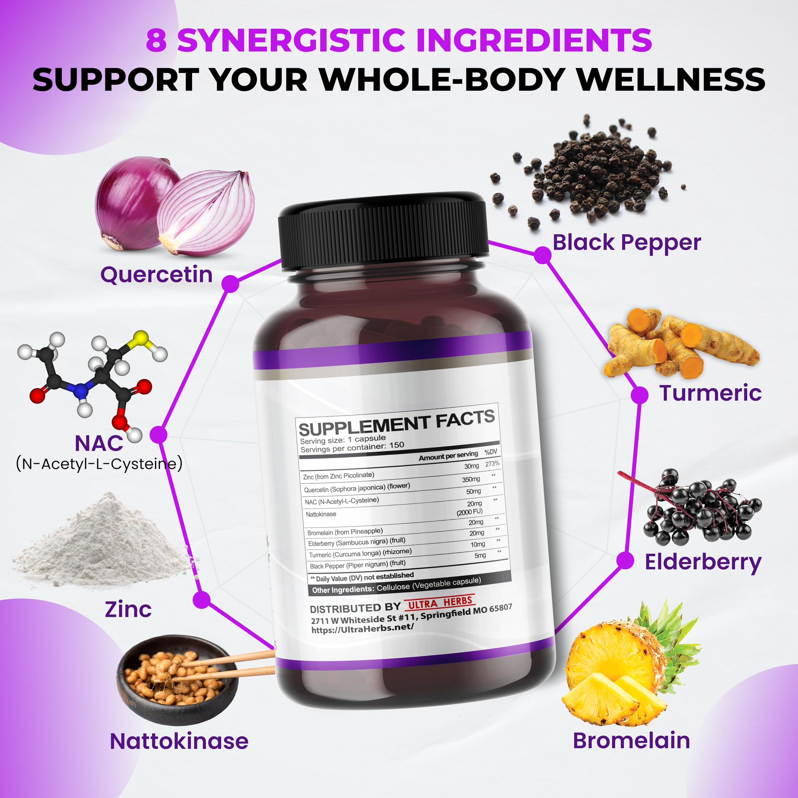 Bottle of Quercetin 8-in-1 150 capsules