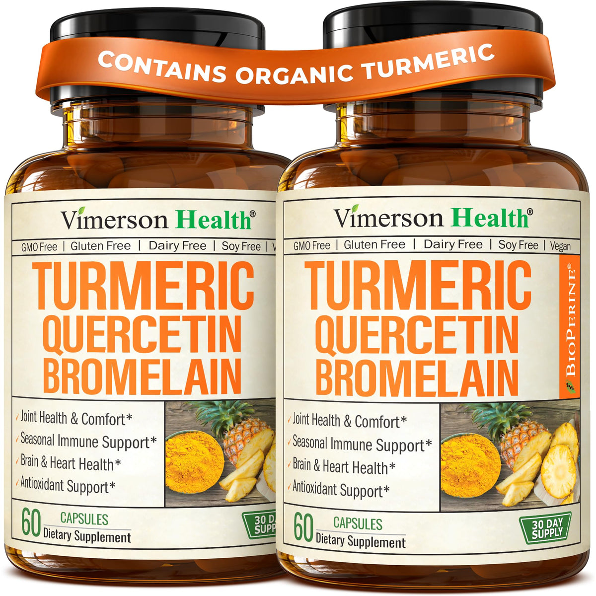 Product bottle front view of Quercetin with Bromelain Turmeric Curcumin supplement, 2-pack