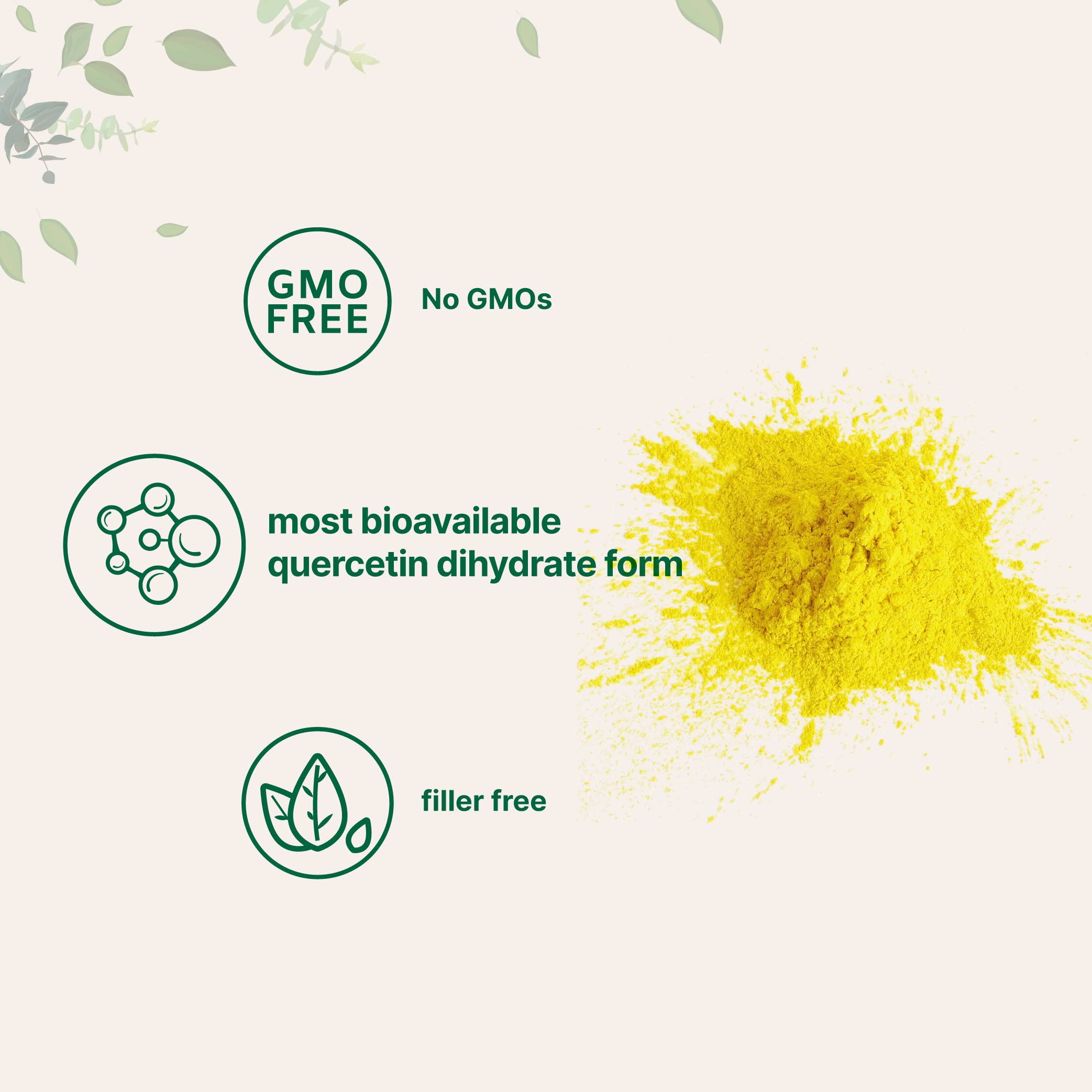 Label on quercetin dihydrate powder bottle highlighting 100g, vegan and filler-free.