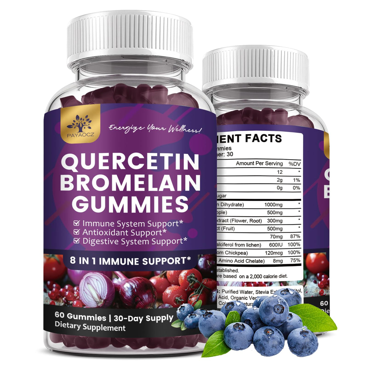 Two pack bottle of quercetin gummies blueberry flavor