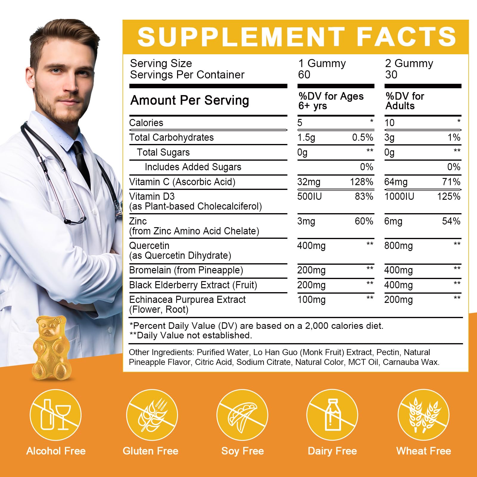 Pineapple-flavored Quercetin Gummies spilling from bottle