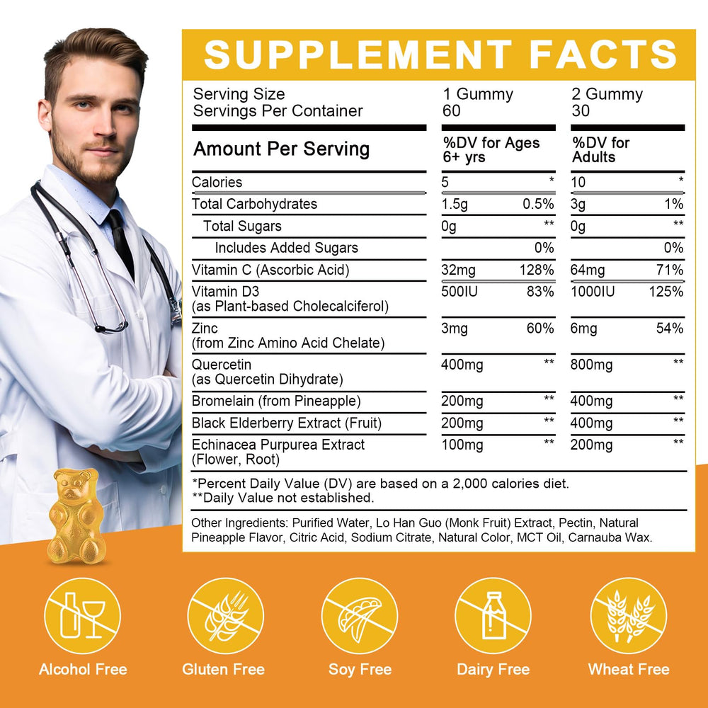 Pineapple-flavored Quercetin Gummies spilling from bottle