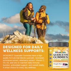 Label highlighting 800mg quercetin with bromelain, zinc, elderberry, Vitamin C & D3