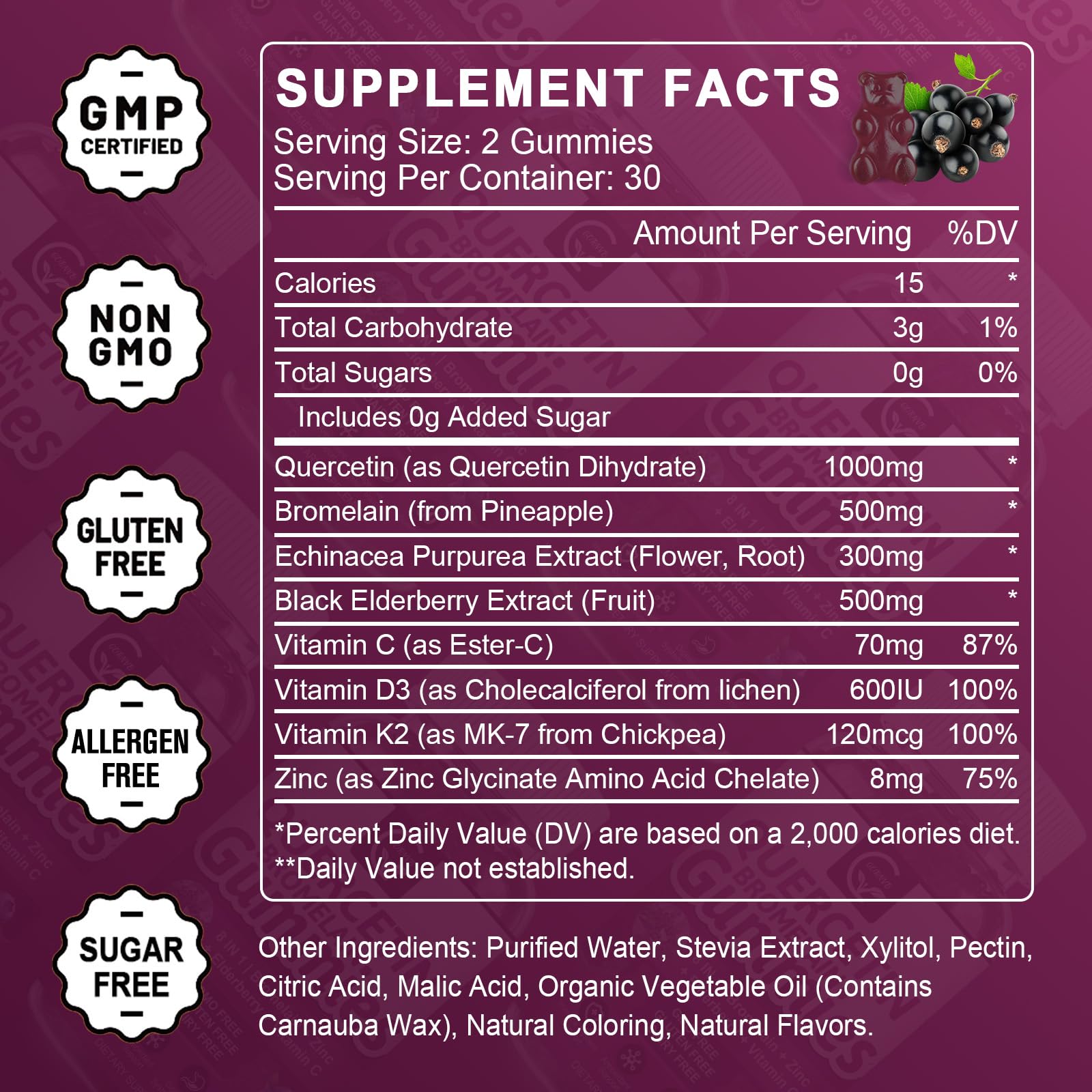 Ingredients panel listing Quercetin, Bromelain, Elderberry, Zinc, Vitamin C, D3 and K2