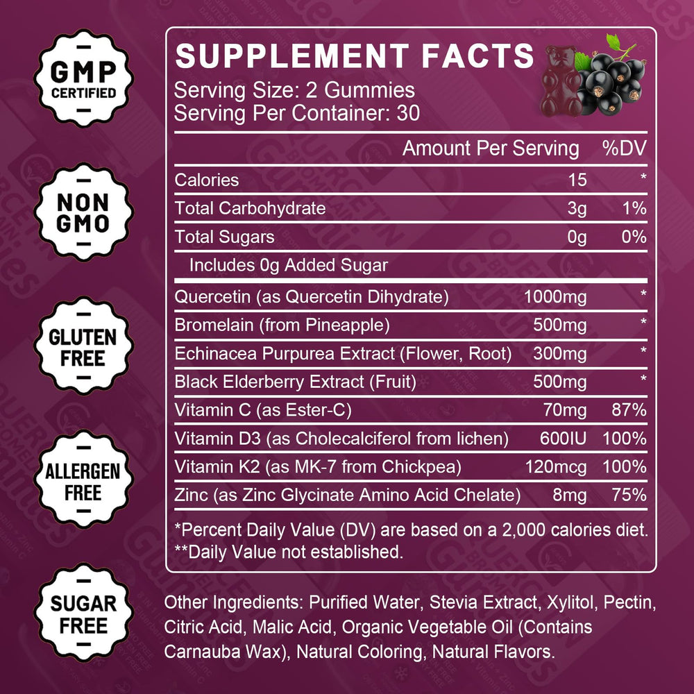 Ingredients panel listing Quercetin, Bromelain, Elderberry, Zinc, Vitamin C, D3 and K2