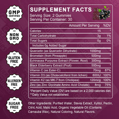 Ingredients panel listing Quercetin, Bromelain, Elderberry, Zinc, Vitamin C, D3 and K2
