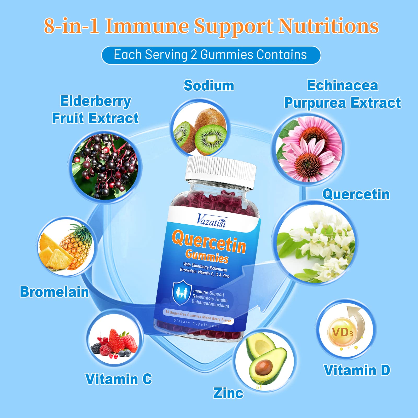 Quercetin immune support gummies with 8-in-1 blend label