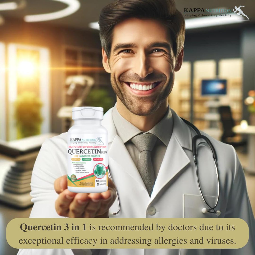 Supplement facts showing Quercetin 1000mg, Bromelain 500mg, Vitamin C 1000mg