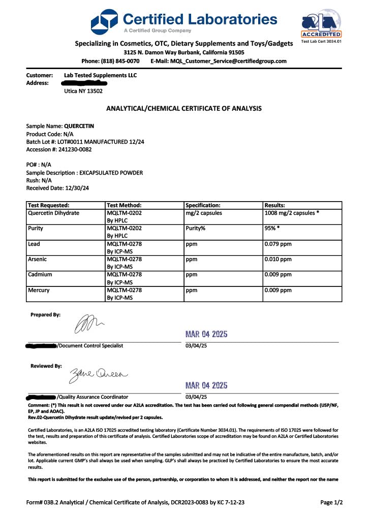 Quercetin product purity and density note