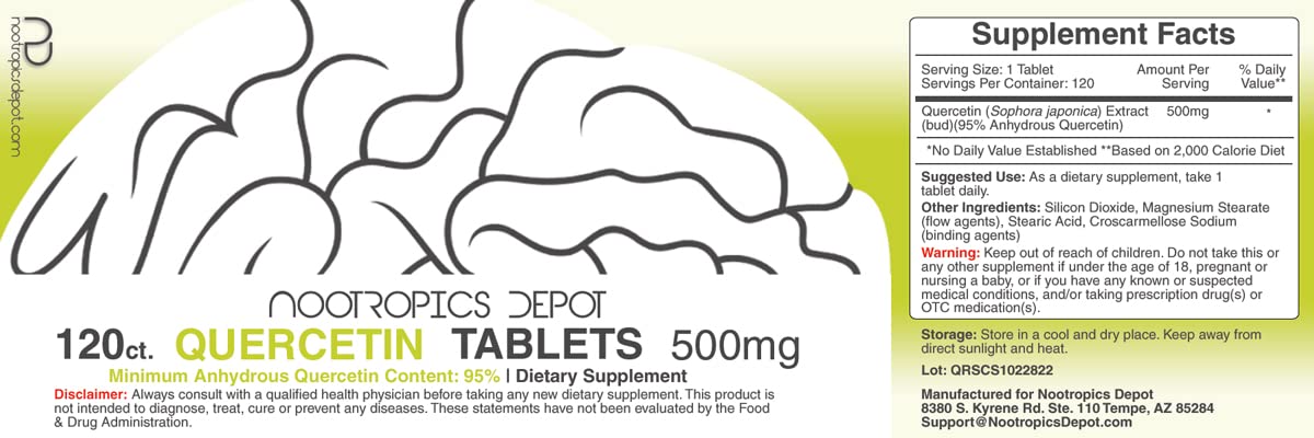 Close-up of Quercetin Tablets 500mg bottle with 120-count packaging