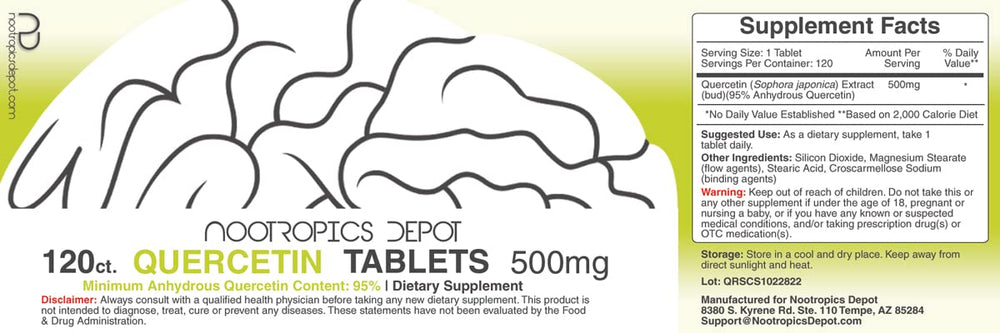 Close-up of Quercetin Tablets 500mg bottle with 120-count packaging