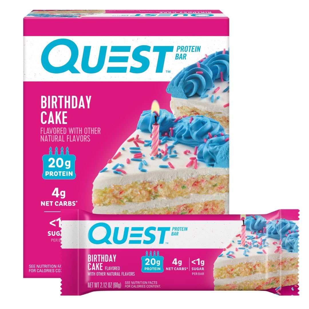 Front view of Quest Birthday Cake Protein Bars 4-count package
