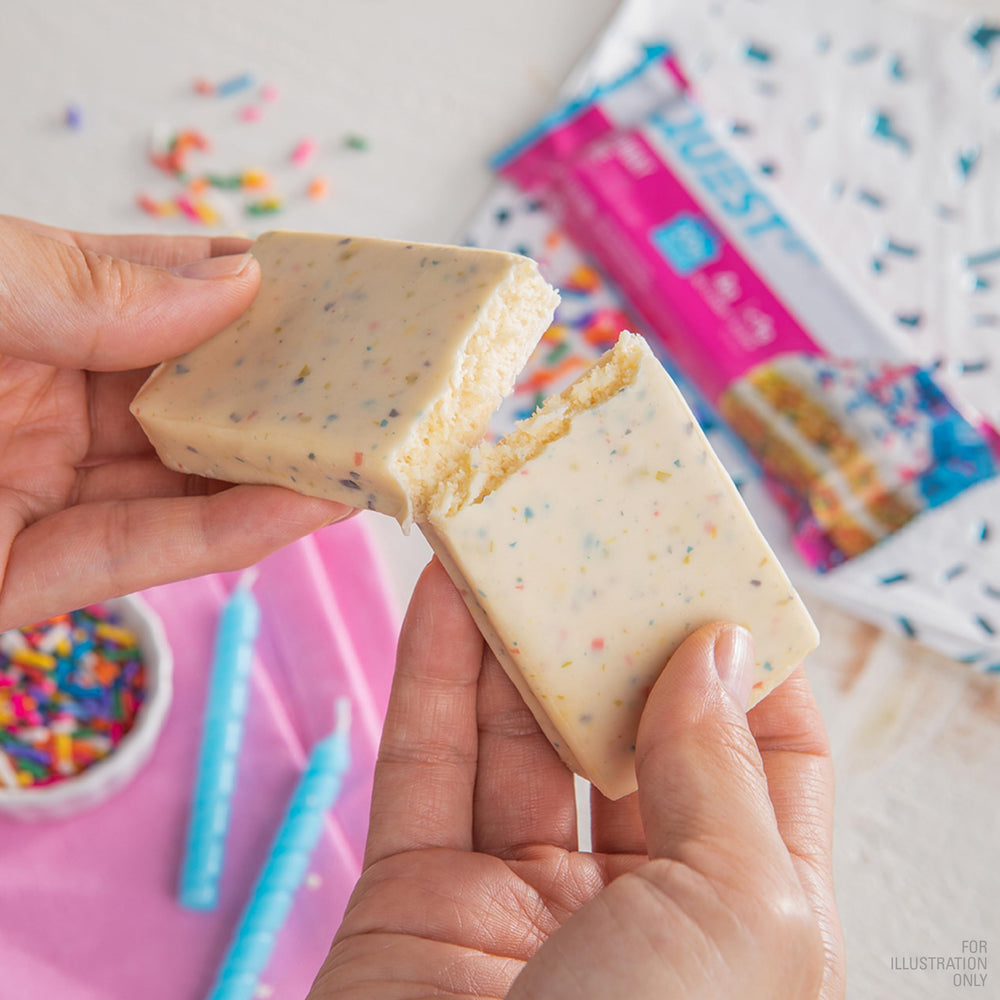 Close-up texture of Quest Birthday Cake Protein Bar