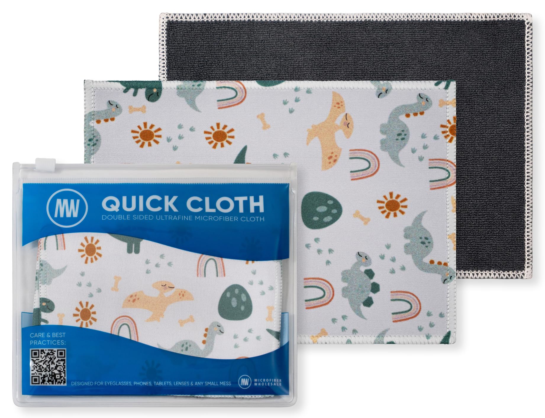 Front view of Quick Cloths microfiber glasses cleaning cloths with dinosaurs design