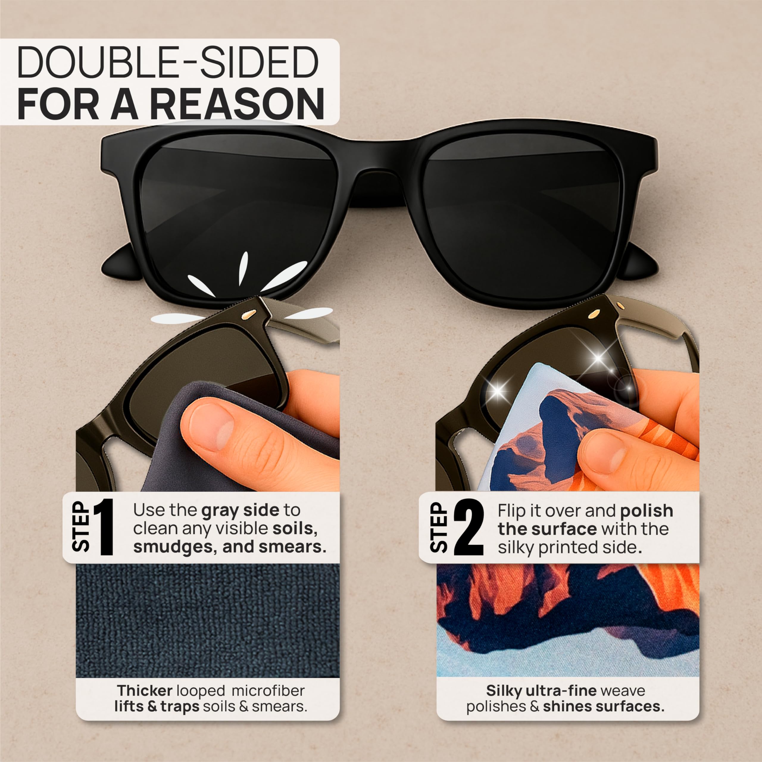 Double-sided microfiber texture shown for lint-free lens cleaning