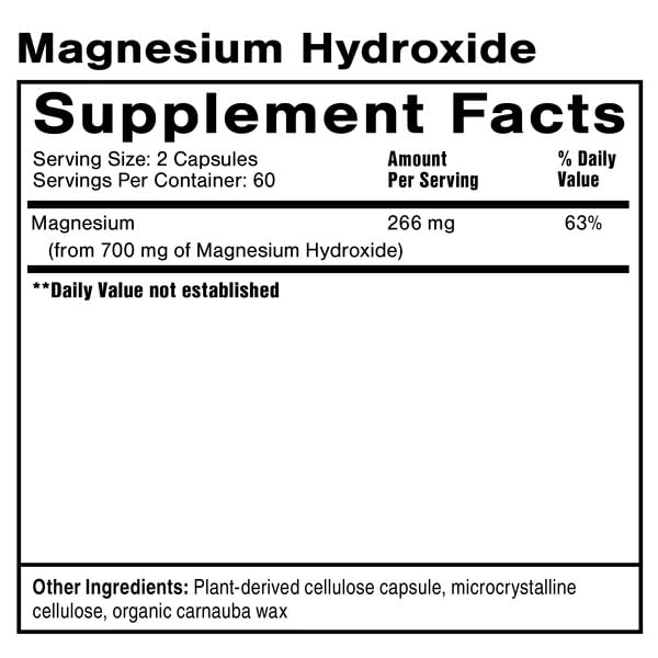 Close-up of Quicksilver Magnesium Hydroxide 120 capsules bottle label showing 350 mg per capsule