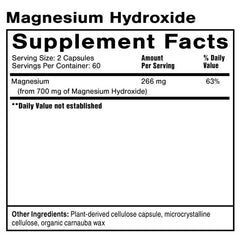 Close-up of Quicksilver Magnesium Hydroxide 120 capsules bottle label showing 350 mg per capsule