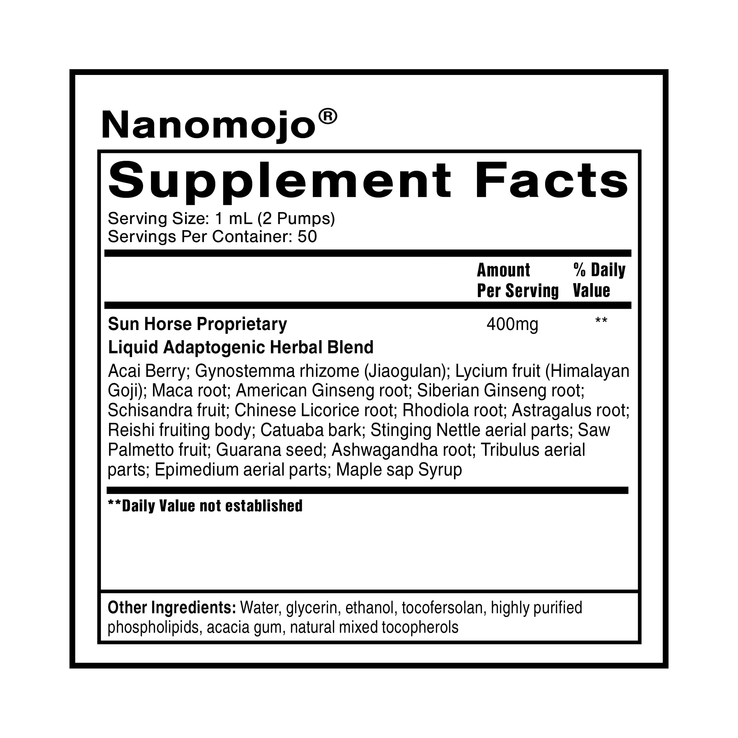Quicksilver Nanomojo herbal-blend jar illustrating diverse adaptogens for balanced stamina