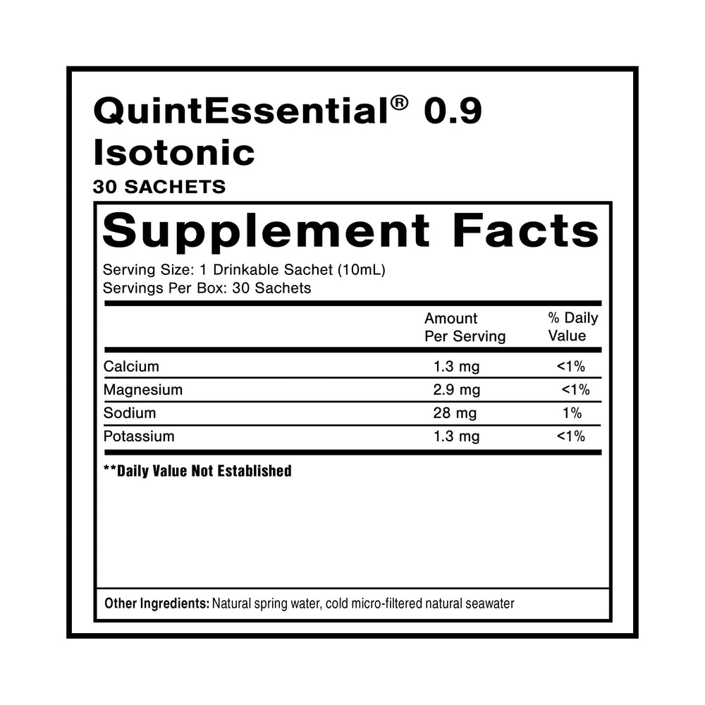 Close-up of QuintEssential 0.9 isotonic mineral sachets