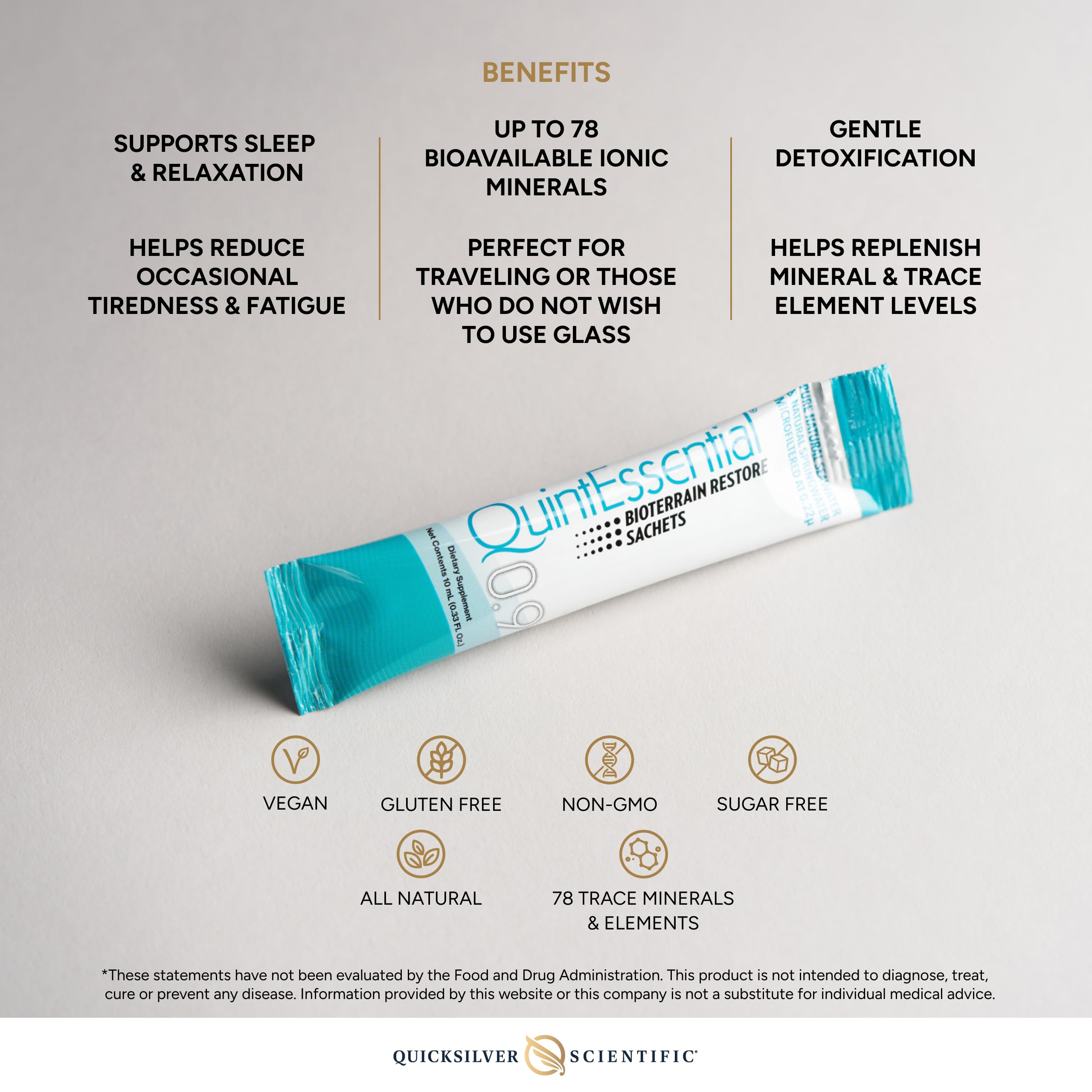 QuintEssential 0.9 sachet label highlighting multi-mineral concentration