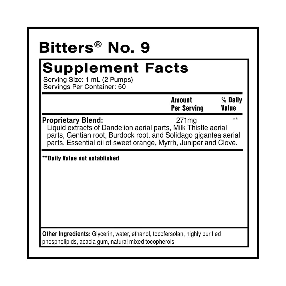 Quicksilver Scientific Dr. Shades Bitters No. 9 label close-up highlighting key ingredients.