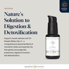 Quicksilver Scientific Dr. Shades Bitters No. 9 ingredients milk-thistle-burdock close-up for liver support.