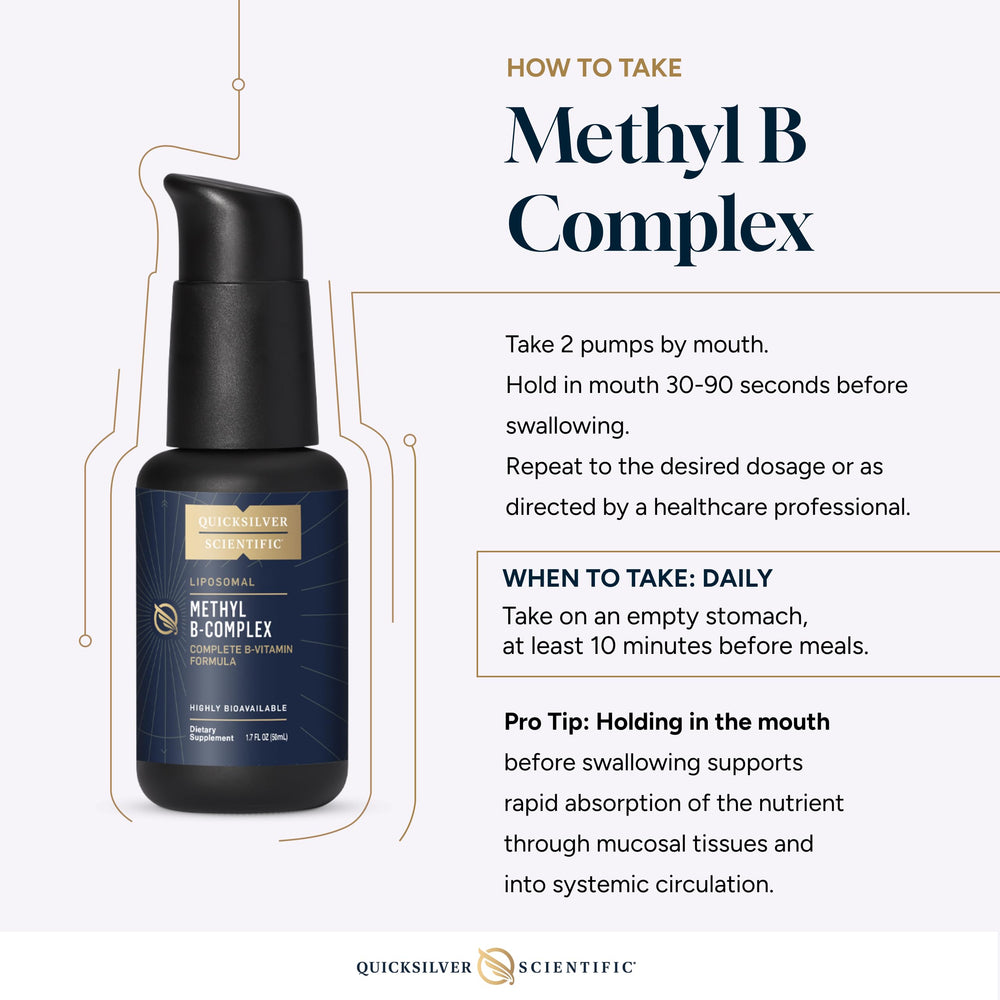 Product packaging and label for Quicksilver Methyl B Complex liposomal vitamin