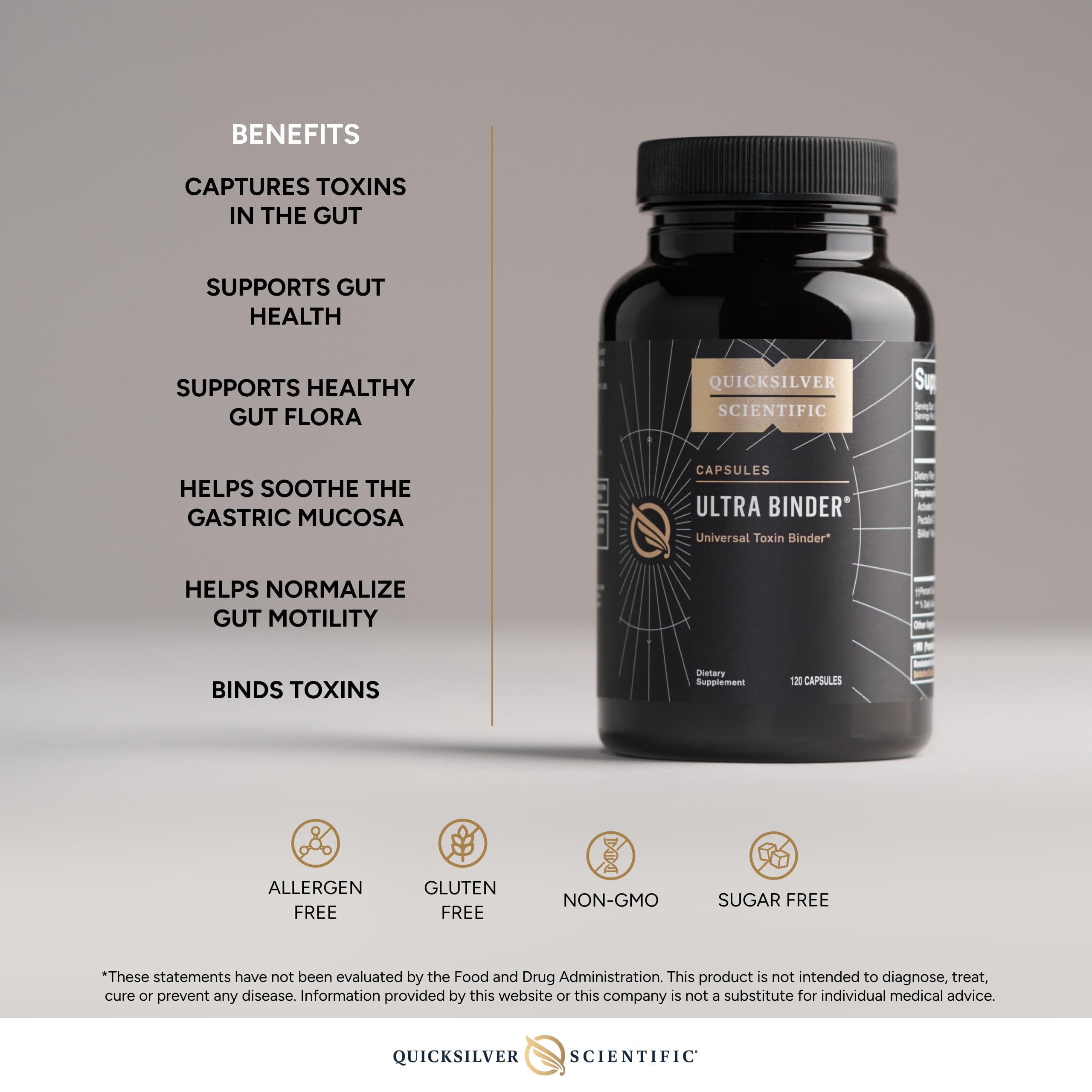 Quicksilver Scientific Ultra Binder zeolite detox component shown for gut support.