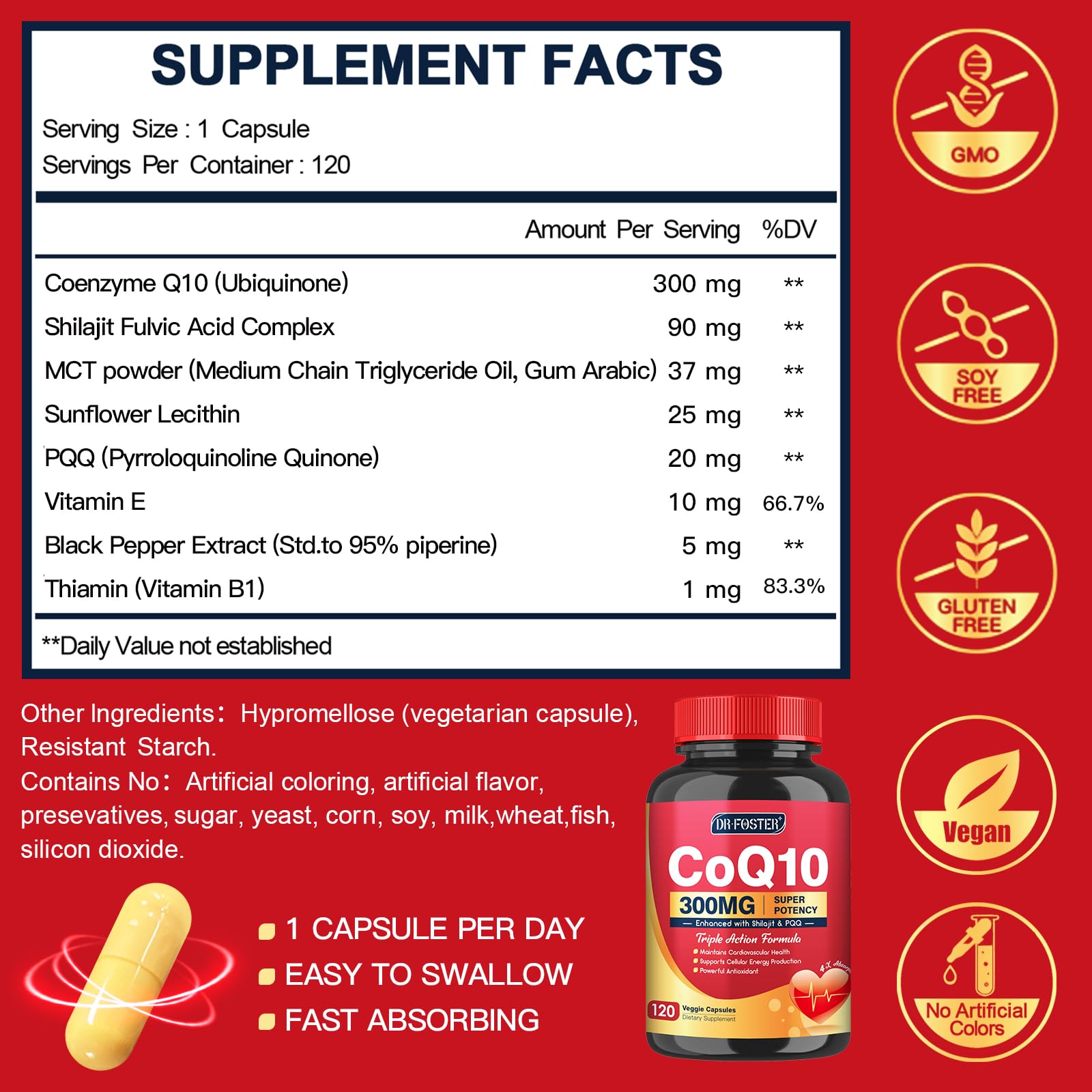 Triple-strength CoQ10 300mg with PQQ and Shilajit capsules