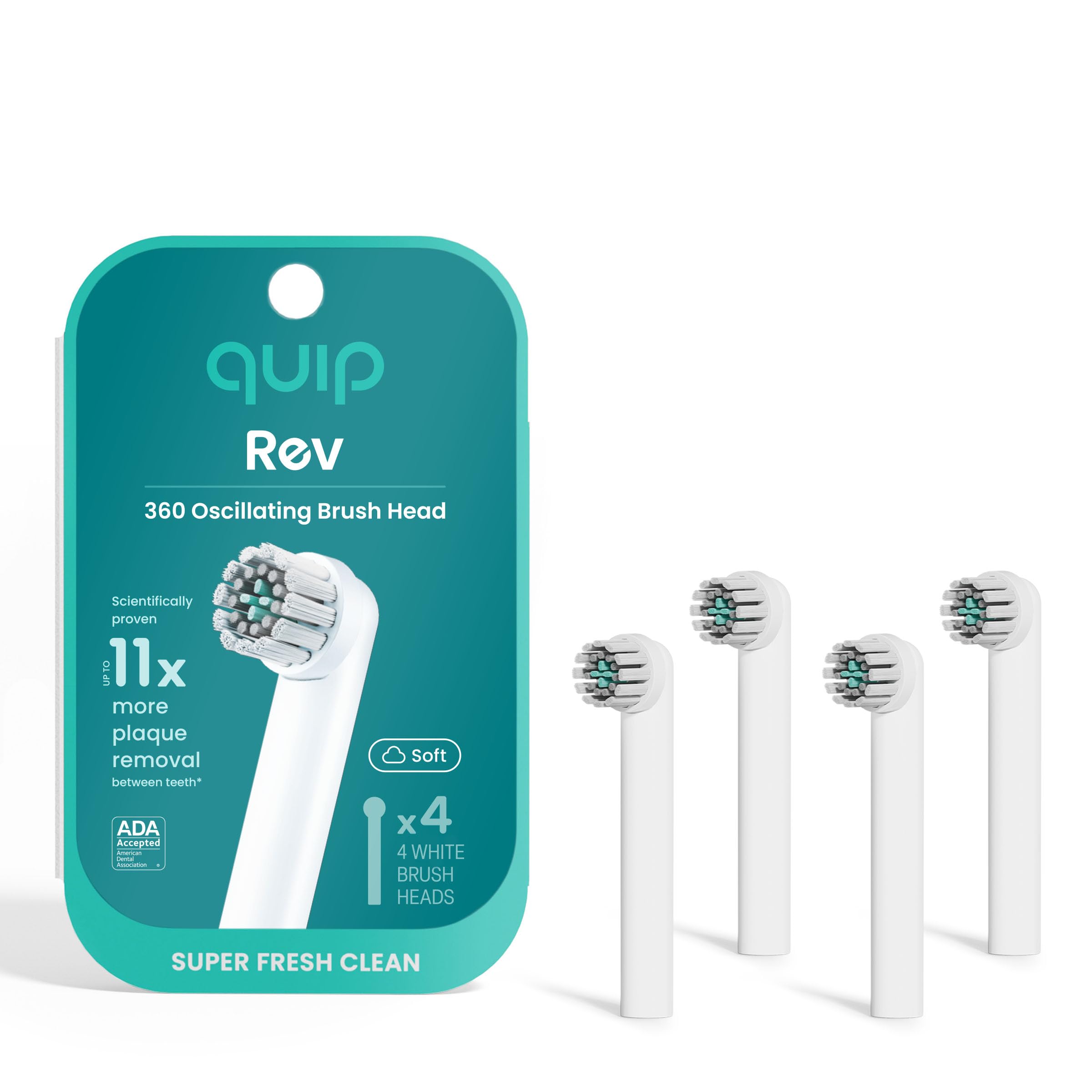 Front view of quip 360 oscillating brush heads 4-pack in white