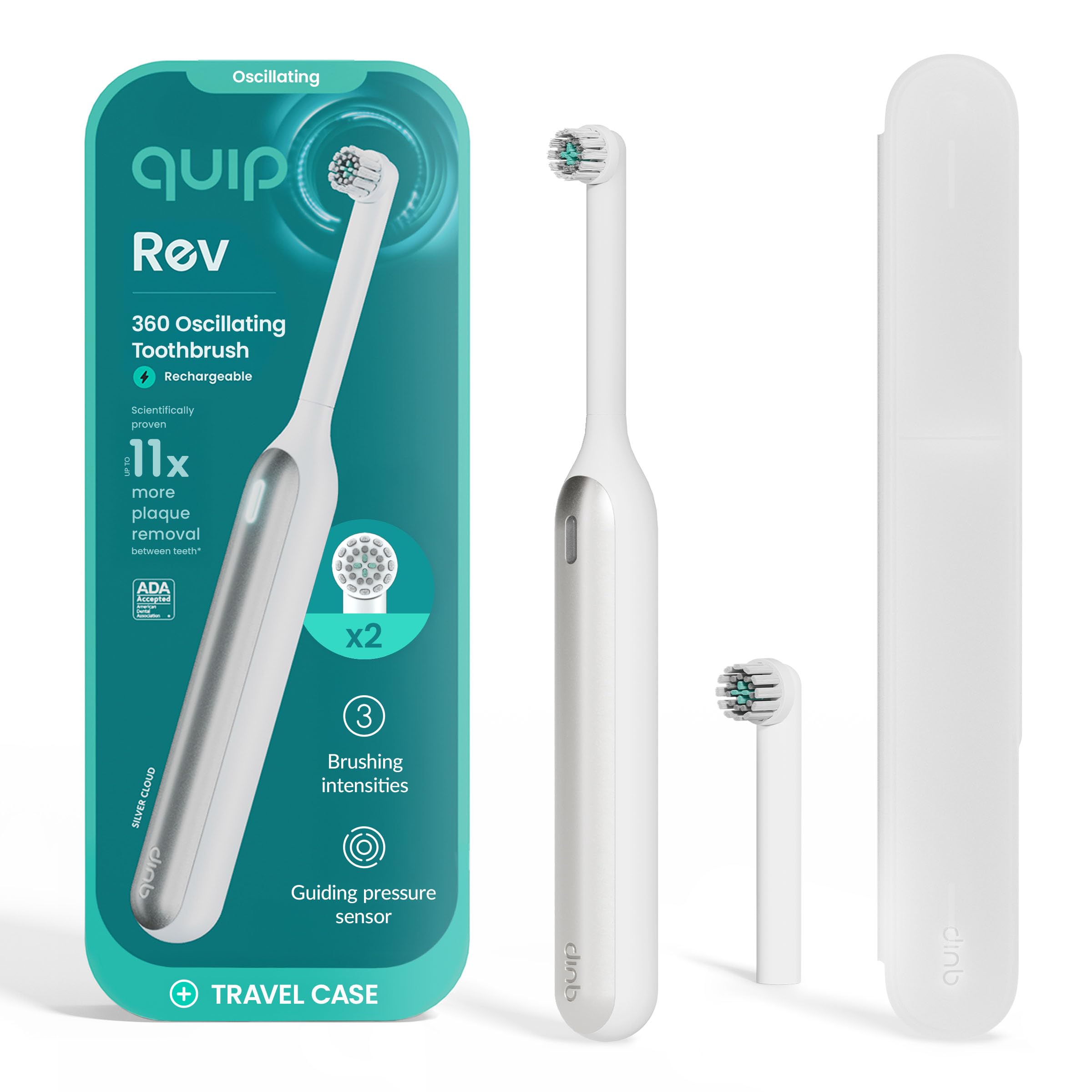 Front view of Quip 360 Oscillating Rechargeable Electric Toothbrush in Silver Cloud