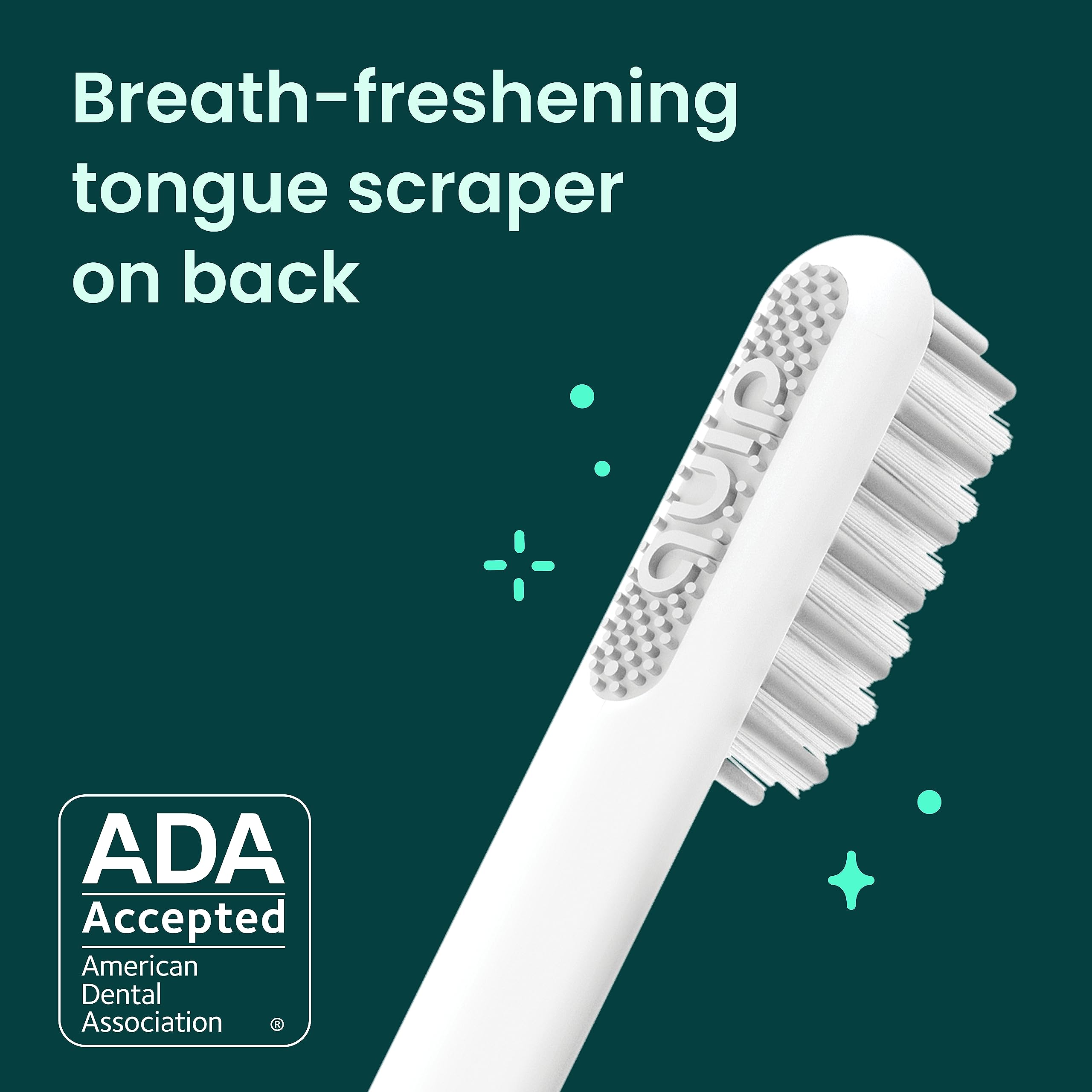 Back of quip brush head with tongue scraper for fresher breath