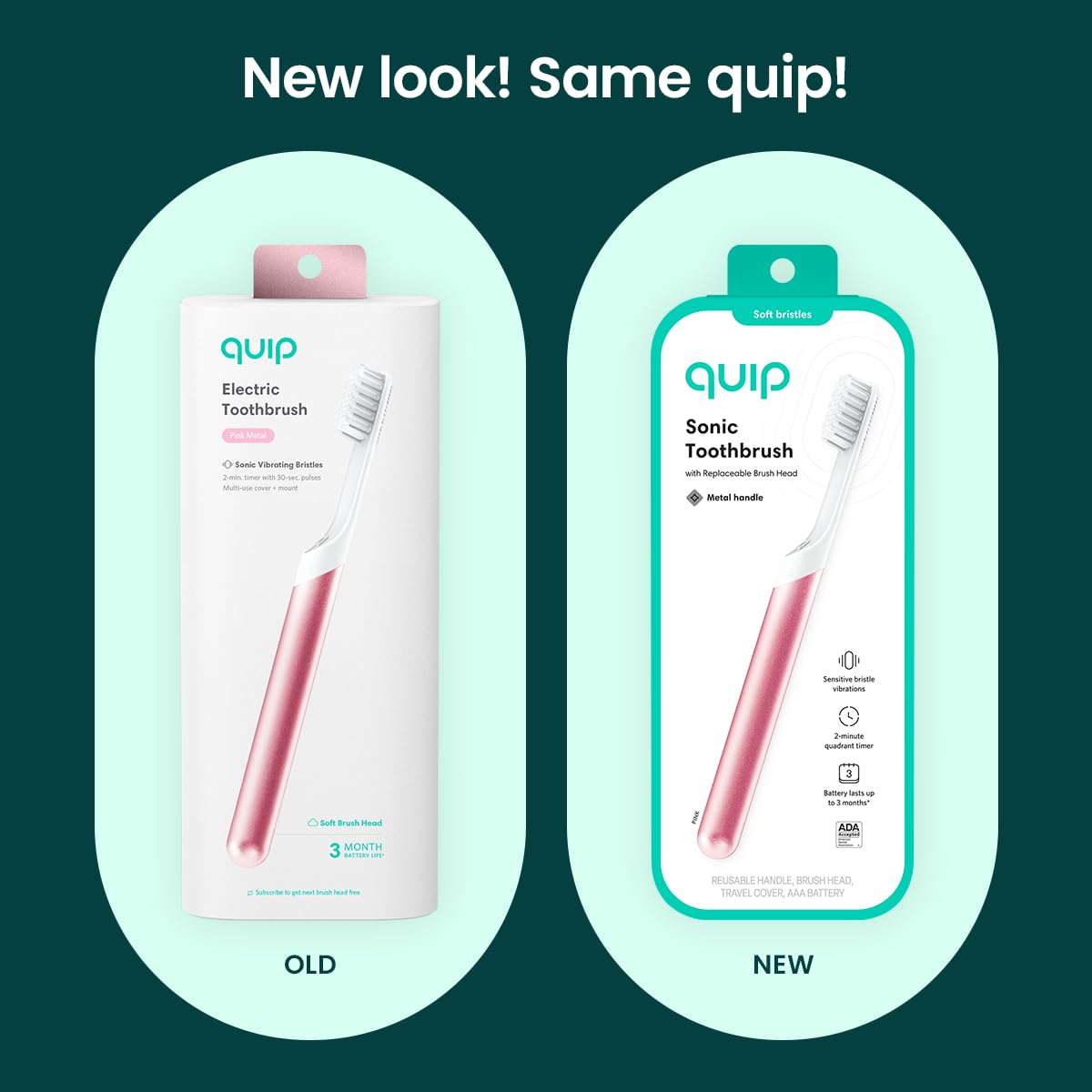 Detail shot of the pink metal handle on the Quip toothbrush
