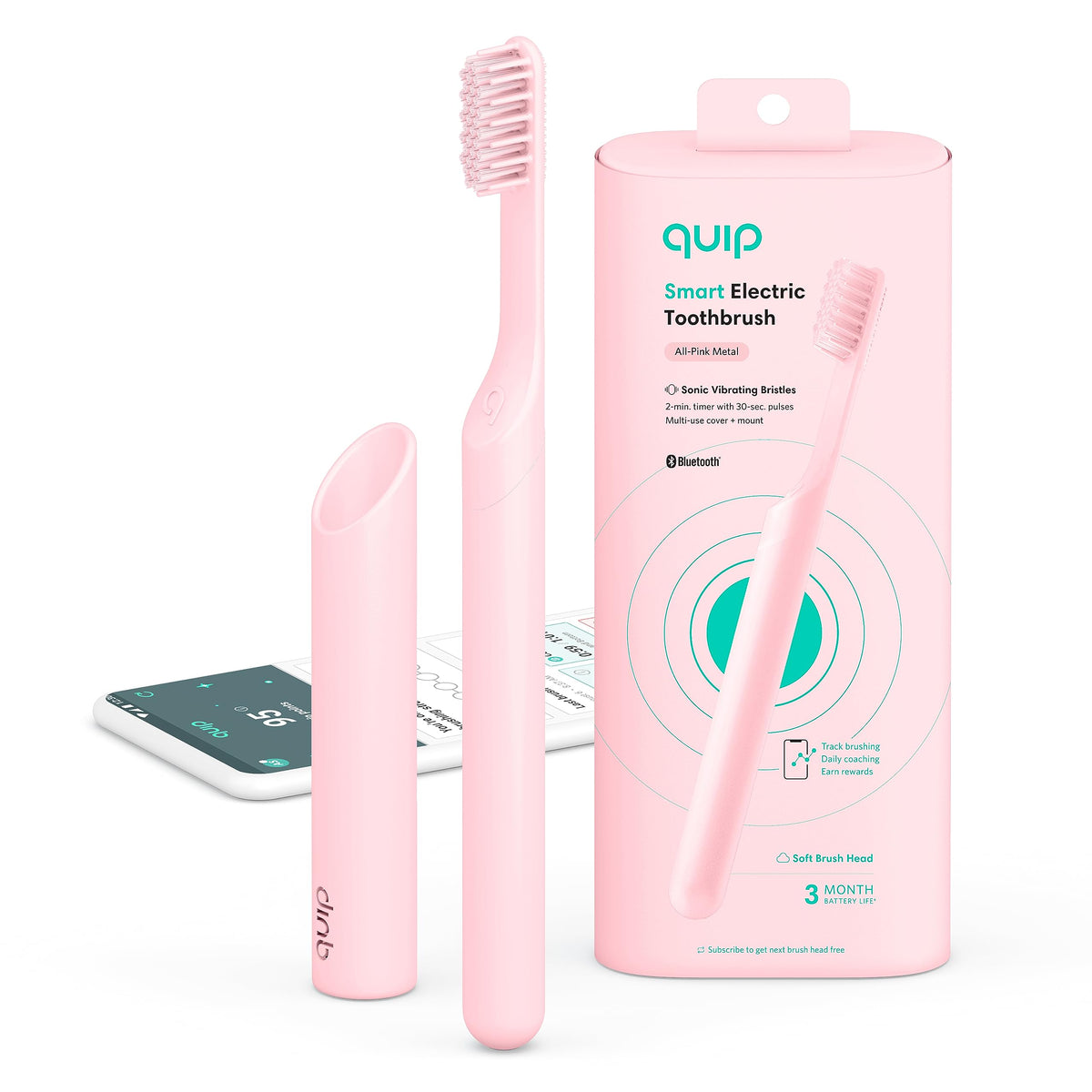 Quip Smart Sonic Toothbrush for Adults in pink, front view