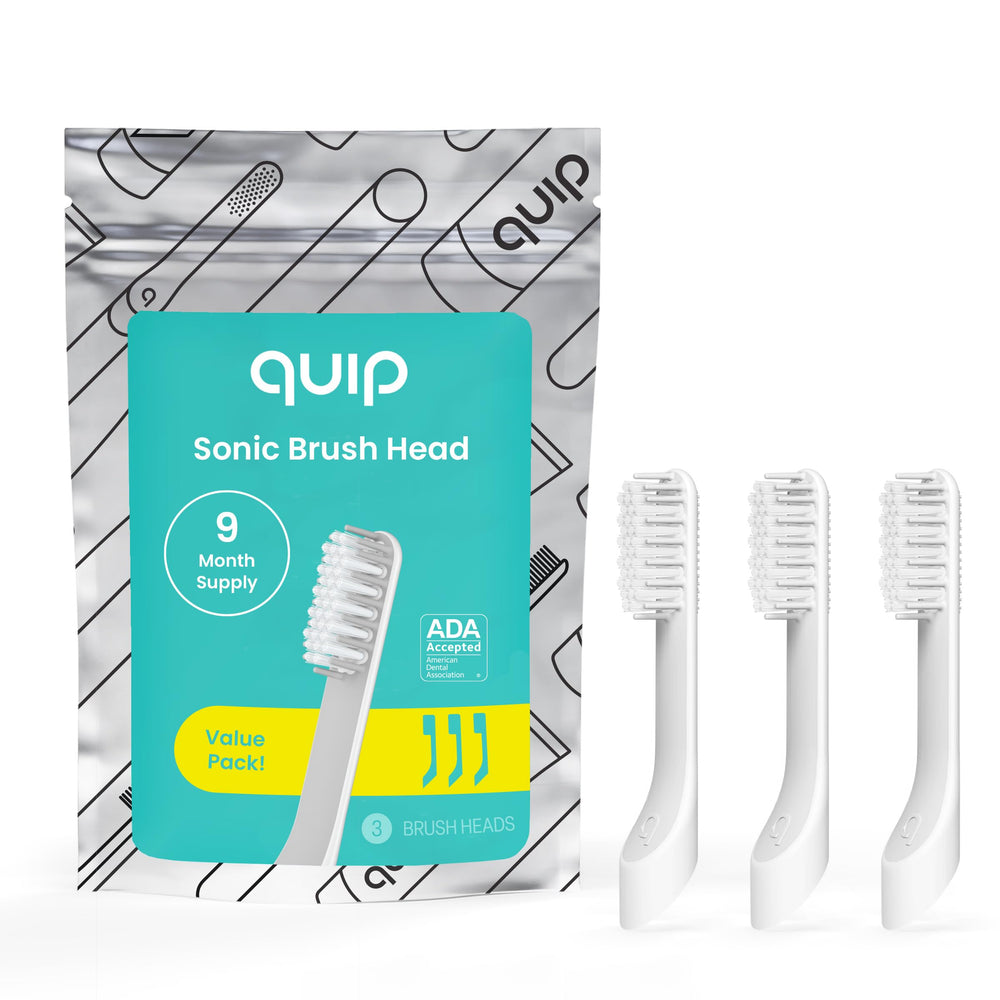 Close-up view of quip Sonic Toothbrush Replacement Heads for Adults, 3-pack