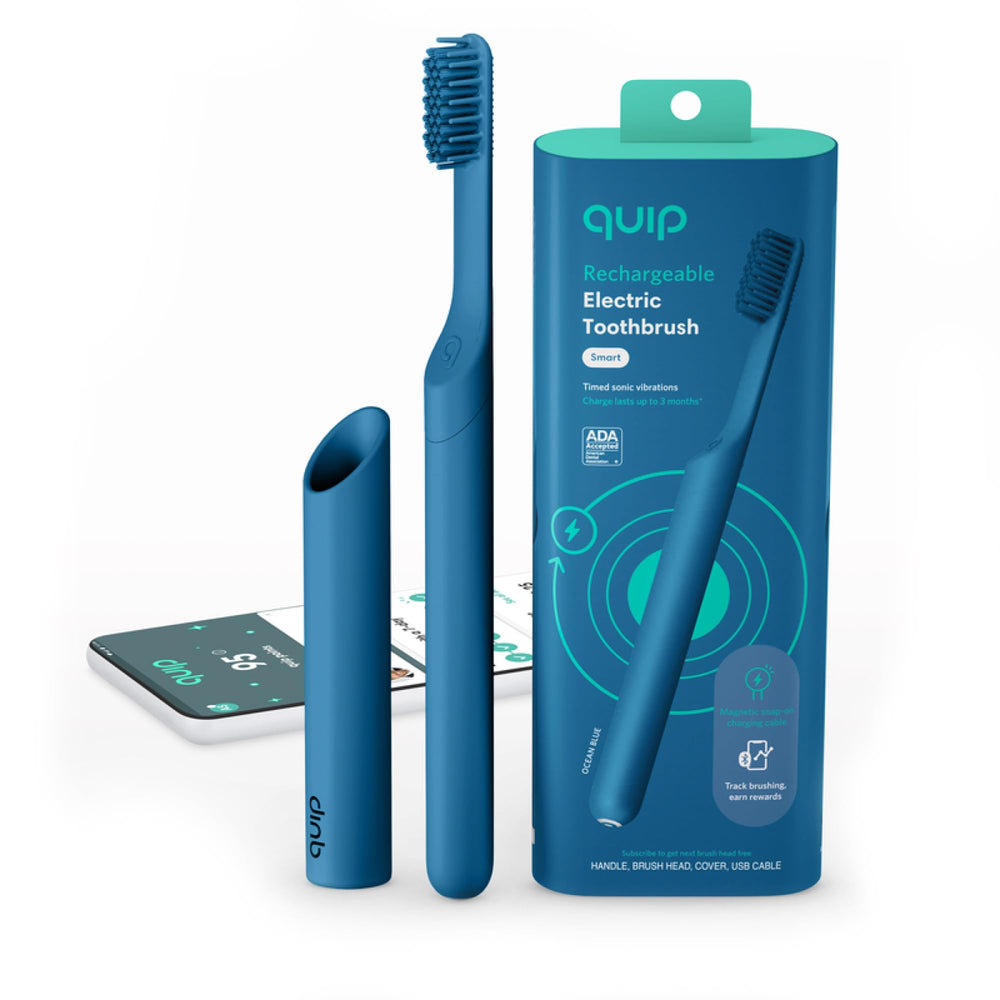 Quip Ocean Blue rechargeable smart sonic toothbrush — front view