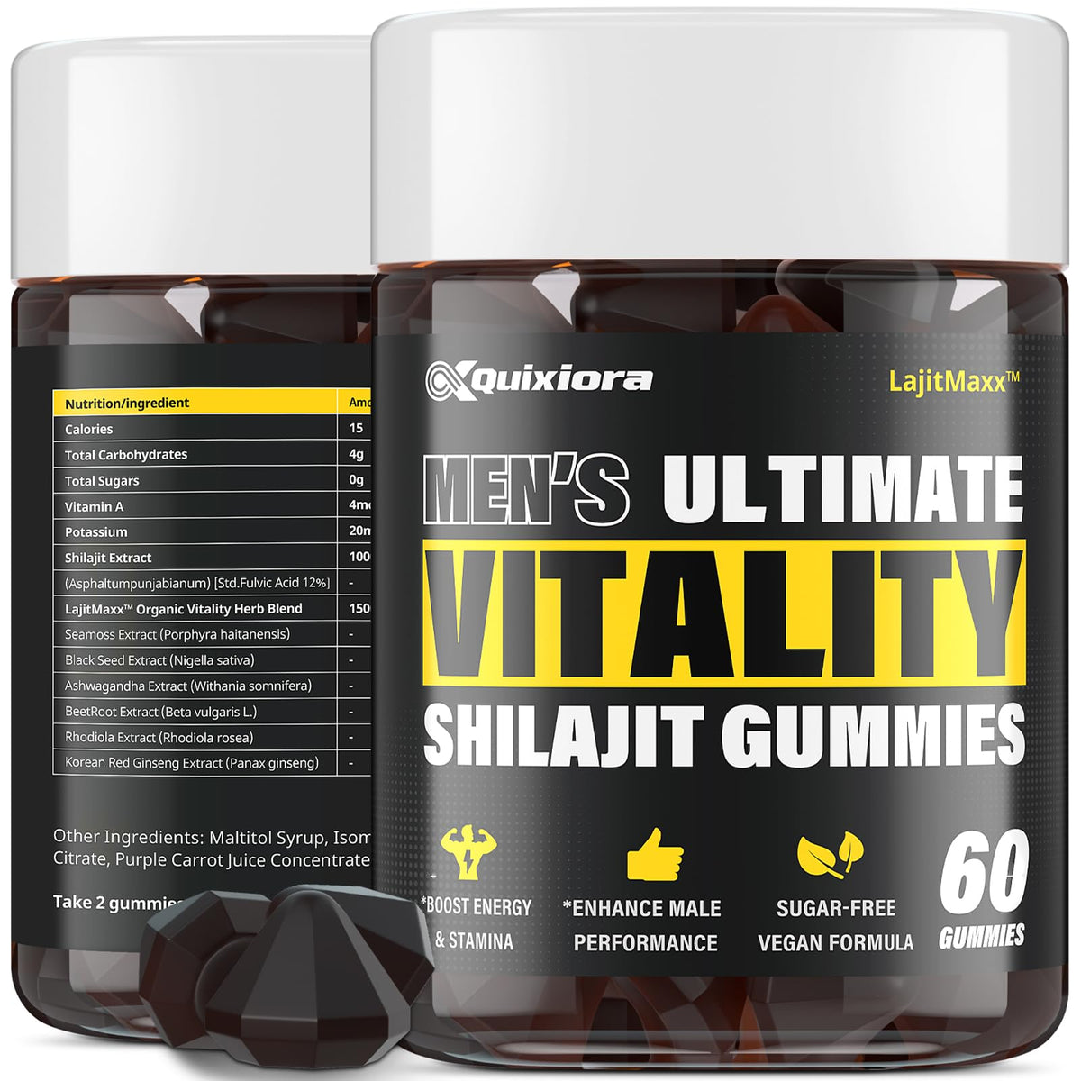 Quixiora Shilajit Gummies bottle with 60-count label