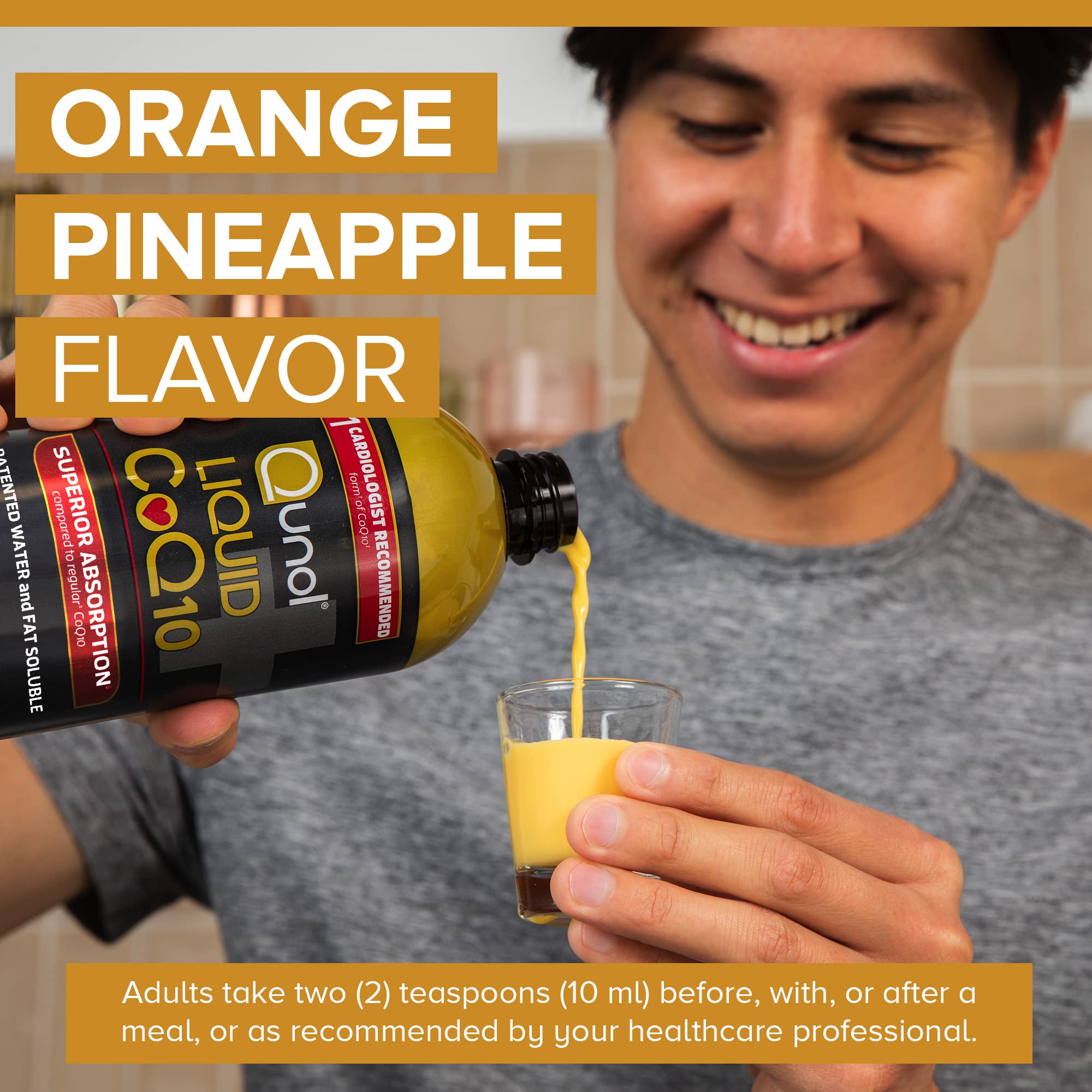 Bottle with glass showing liquid form of Qunol CoQ10