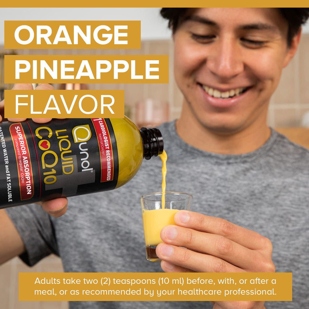 Bottle with glass showing liquid form of Qunol CoQ10