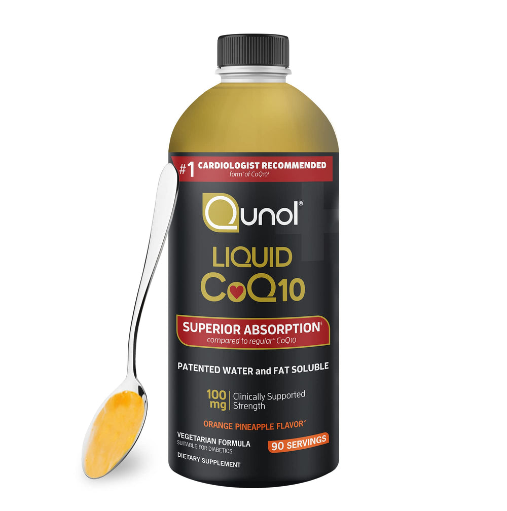 Qunol CoQ10 Liquid 100mg bottle front with orange pineapple flavor