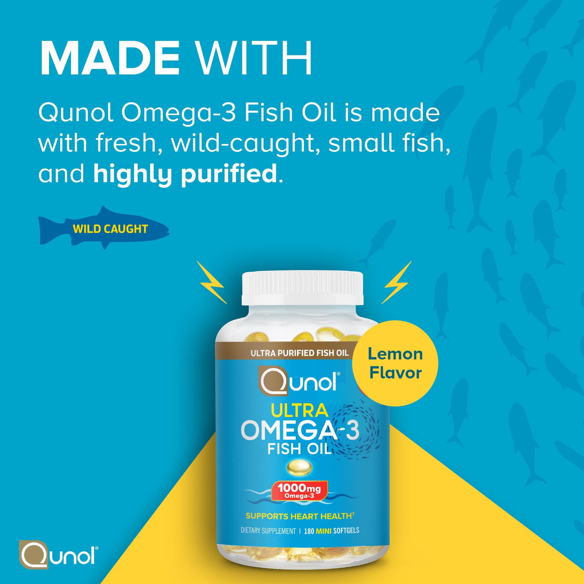 Qunol Fish Oil Mini Lemon-Flavor label signals lemon taste to minimize fishy aftertaste.