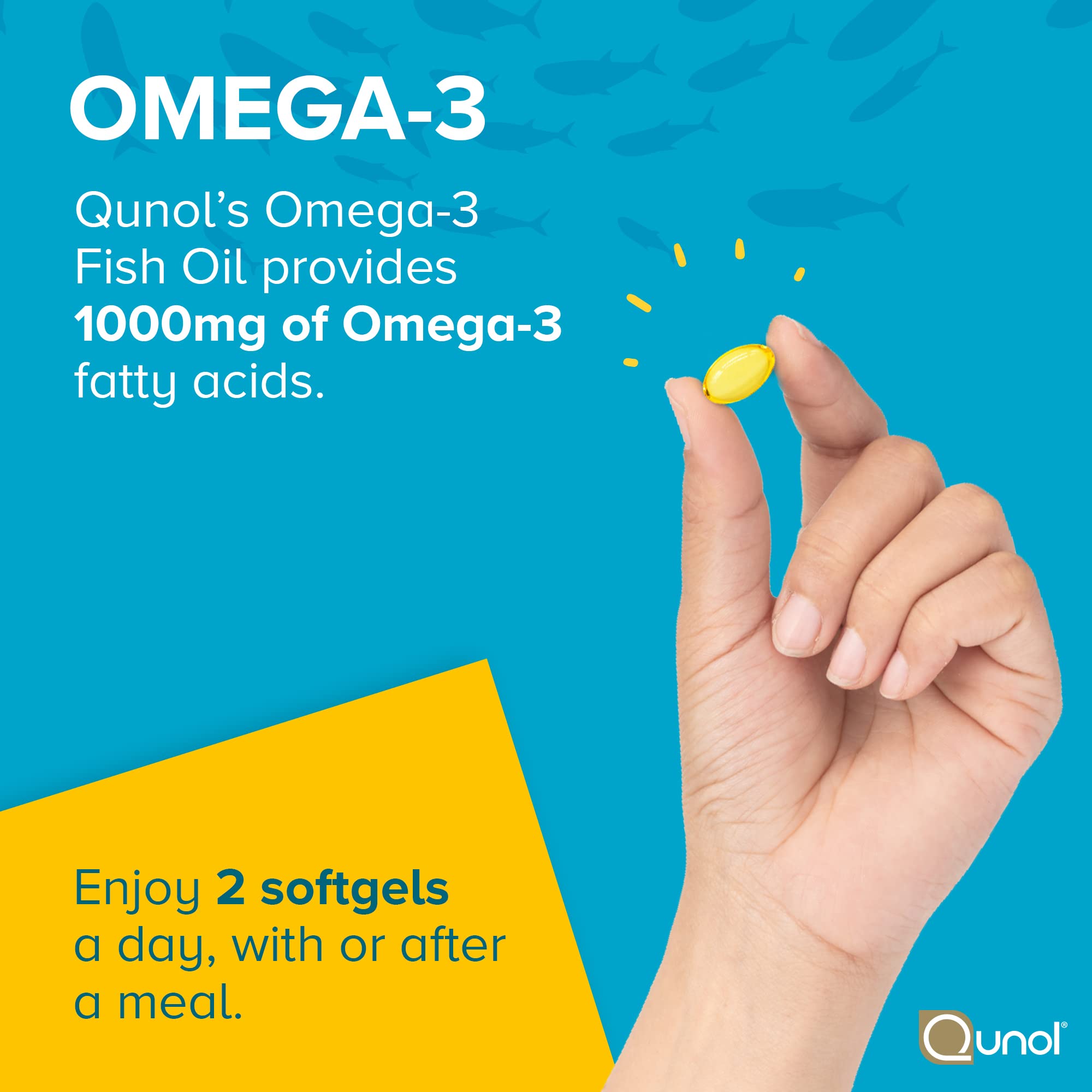 Qunol Fish Oil Mini Softgels close-up shows easy-to-swallow capsules.
