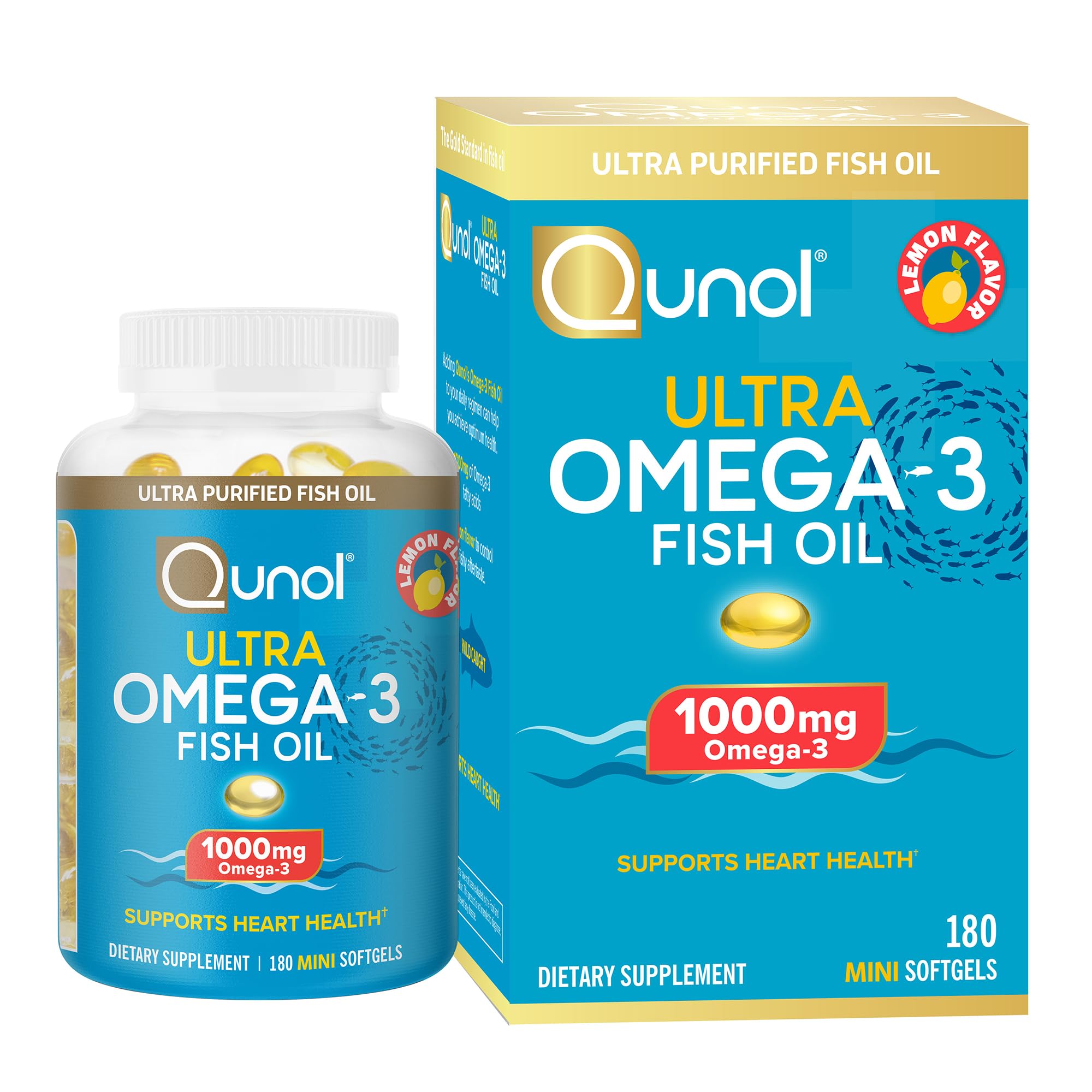 Qunol Fish Oil Omega-3 Mini Softgels bottle with 180 count