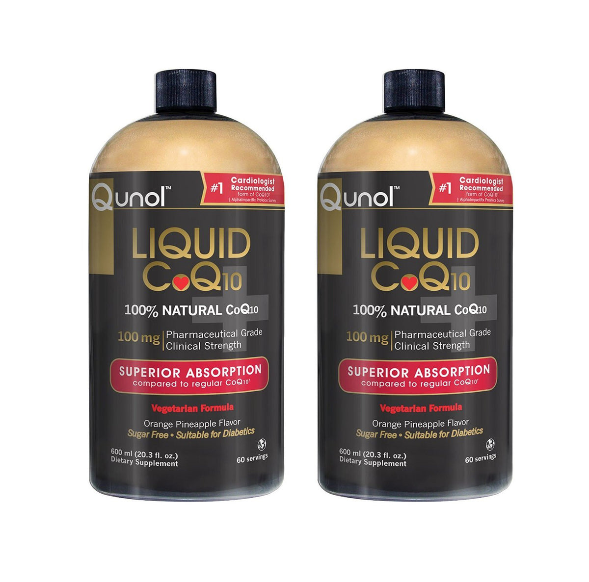 Qunol Liquid CoQ10 100mg Orange Pineapple flavor, 2-pack, 60 servings per bottle, 20.3 oz total