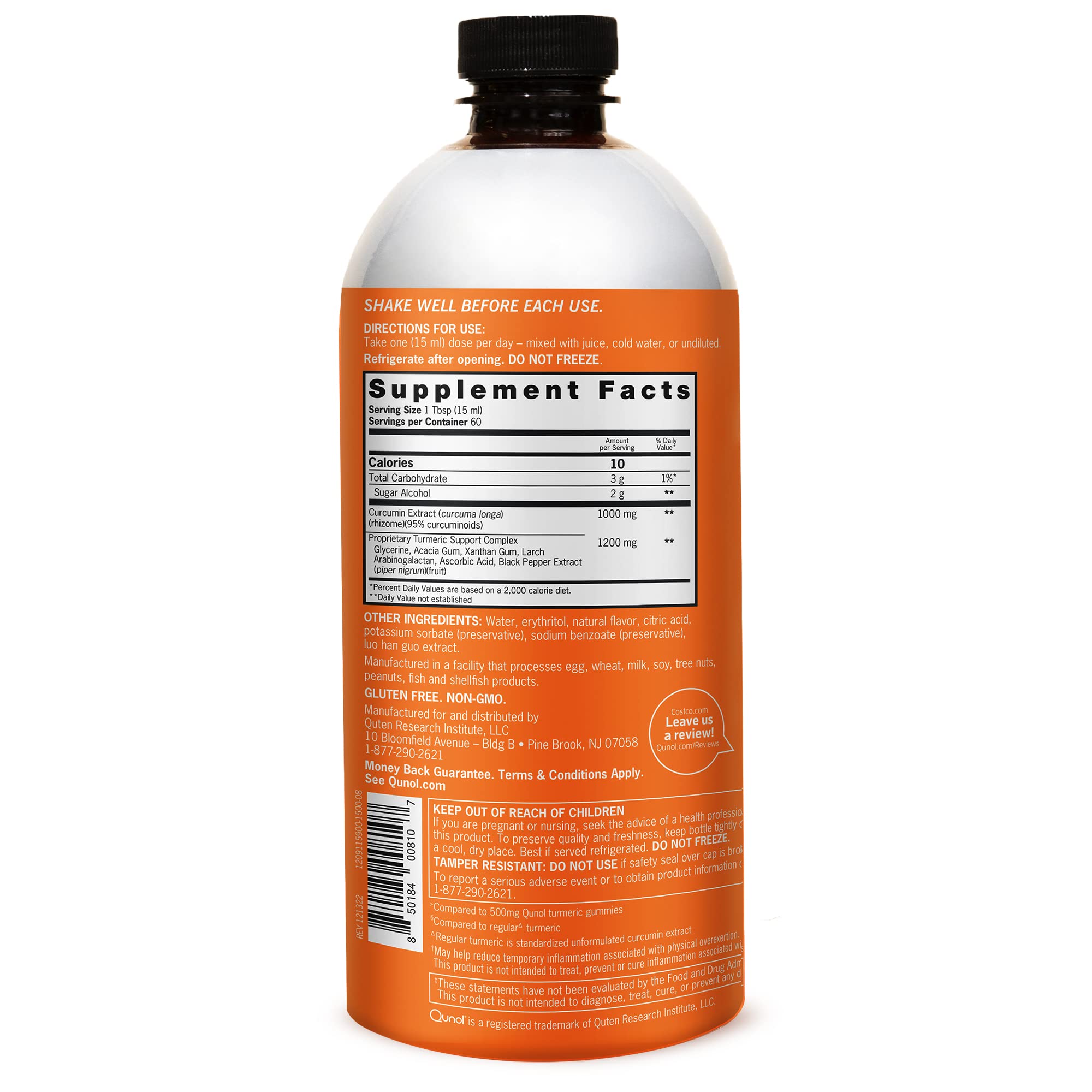 Close-up of Qunol Liquid Turmeric Curcumin bottle showing 1000mg curcumin and 60 servings