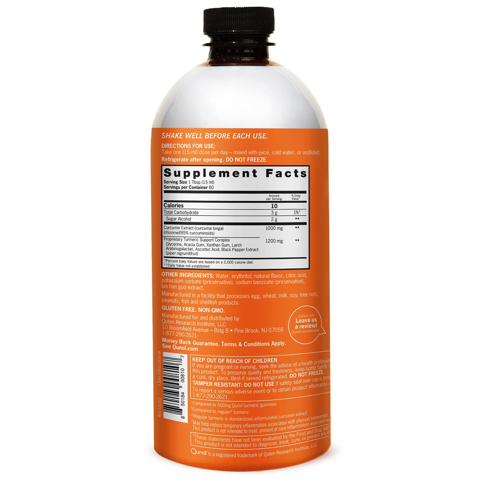 Close-up of Qunol Liquid Turmeric Curcumin bottle showing 1000mg curcumin and 60 servings